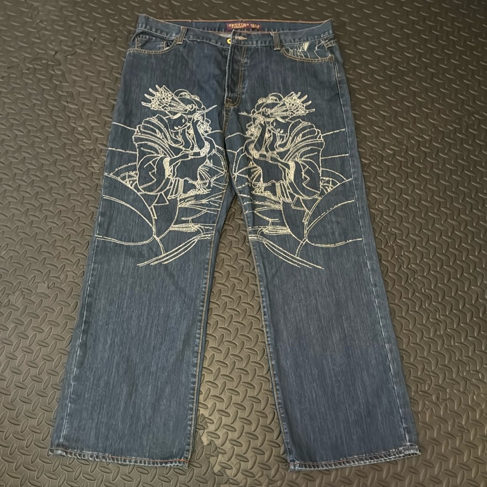 Christian Audigier Blue Denim Jean button fly  42 x 32 Embroidered, Crystals